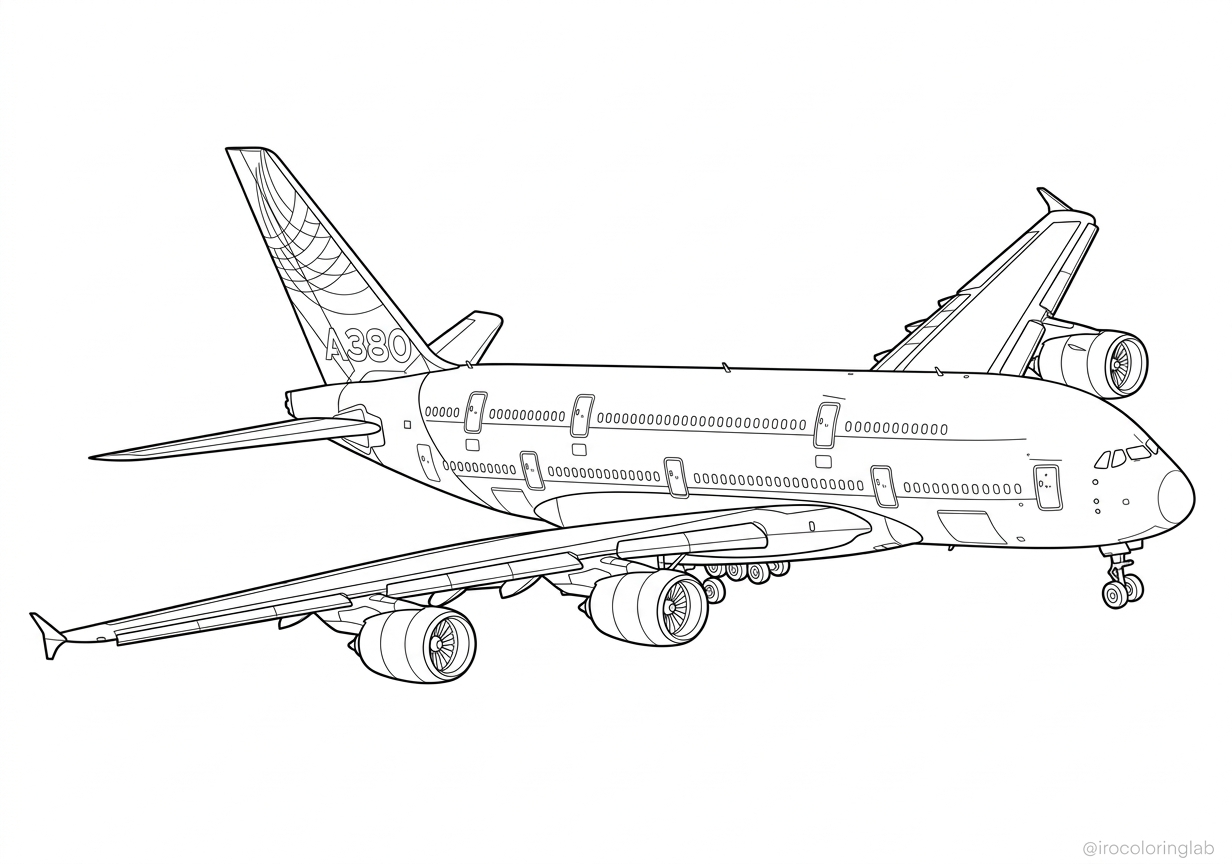 Free printable Airbus A380 double-decker plane coloring page for kids｜エアバスA380の無料塗り絵（世界最大の2階建て旅客機）