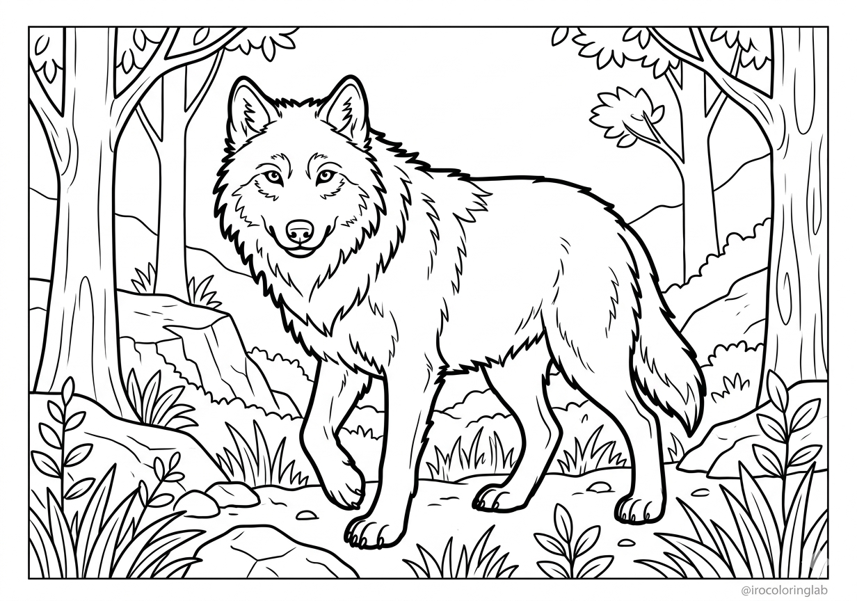 Free printable Gray Wolf coloring page for kids｜子供向けの無料印刷可能なハイイロオオカミのぬりえ