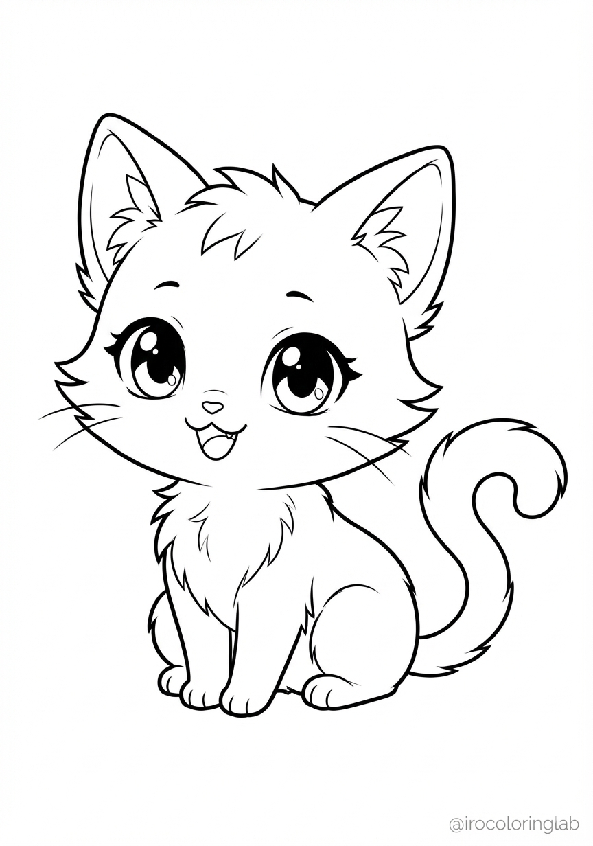 Free printable Kawaii Kitten coloring page, super cute Anime-style cat for kids｜Kawaii Kittenの無料塗り絵、超かわいいアニメ風子猫のイラスト、子供向け