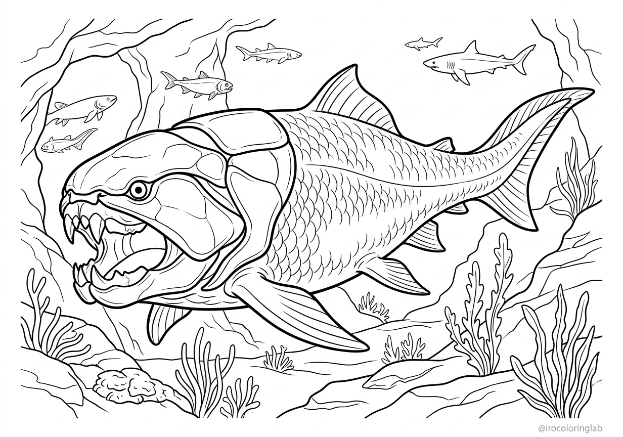 Free printable Dunkleosteus prehistoric fish coloring page for kids｜ダンクルオステウスの無料塗り絵（古代の巨大魚・よろい魚のイラスト）