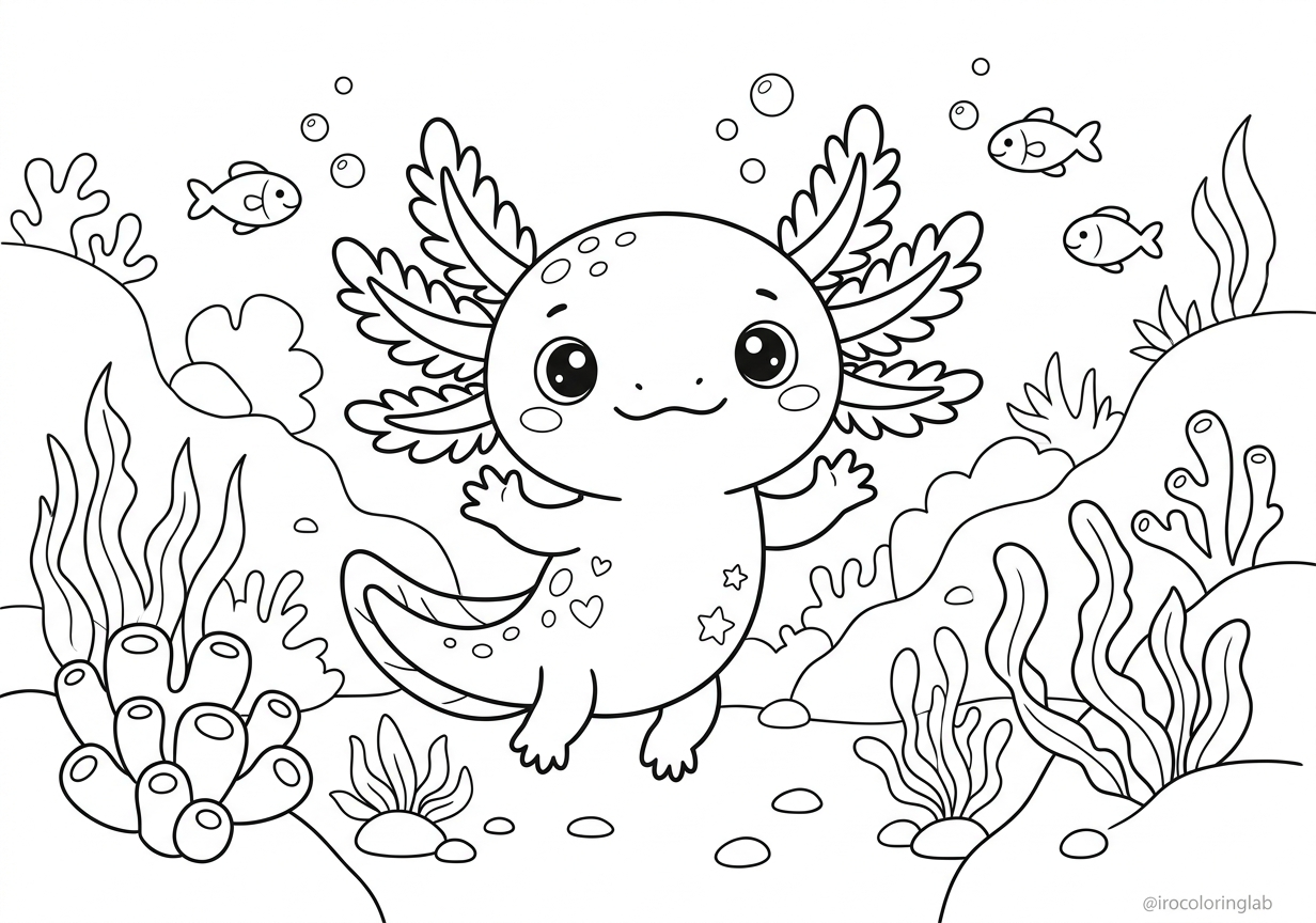 Free printable Kawaii Axolotl coloring page with big sparkling eyes in Japanese anime style for kids （日本語訳：子供向けの無料塗り絵、大きなキラキラした目をした日本のアニメ風の可愛いウーパールーパー）