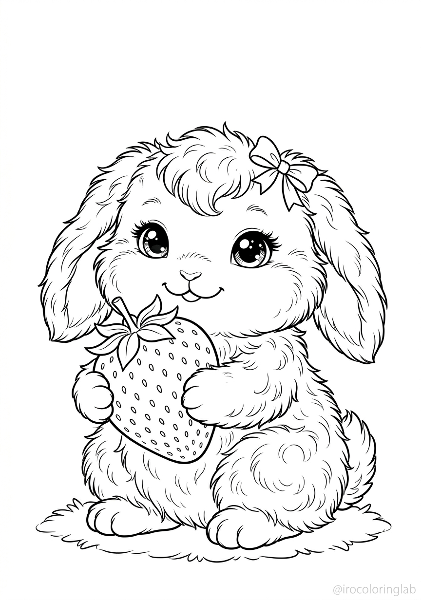 Free printable Kawaii Bunny rabbit coloring page holding a strawberry, anime style for kids