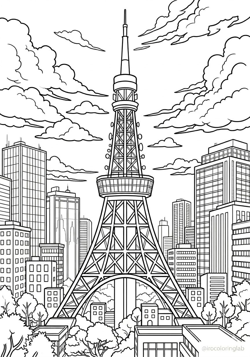 Free printable Tokyo Tower coloring page for kids, Japanese landmark line art