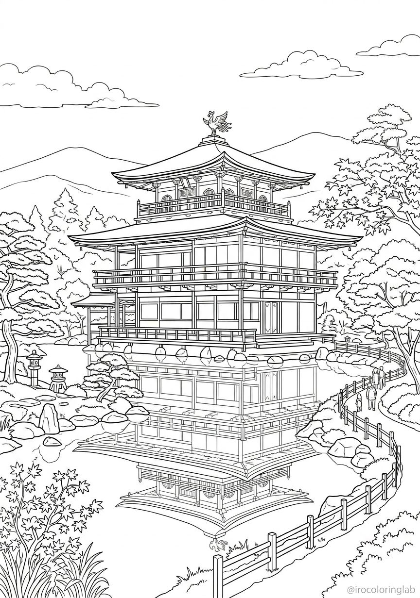 Free printable Kinkaku-ji Golden Pavilion coloring page for kids, Kyoto Japan temple line art