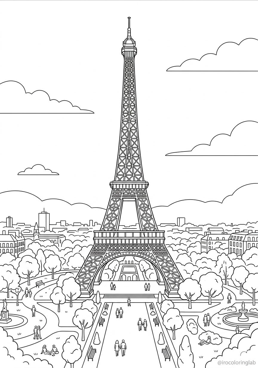 Free printable Eiffel Tower coloring page for kids, Paris France landmark line art
