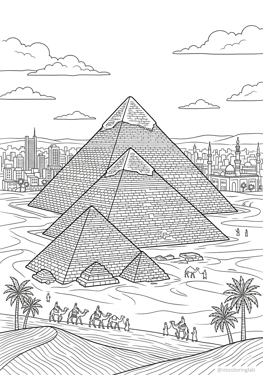 Free printable Great Pyramid of Giza coloring page for kids, Ancient Egypt landmark line art