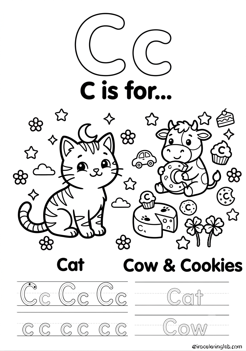 Free printable letter C coloring page for kids featuring a cute cat and cow with alphabet tracing practice, no stroke order guidelines.