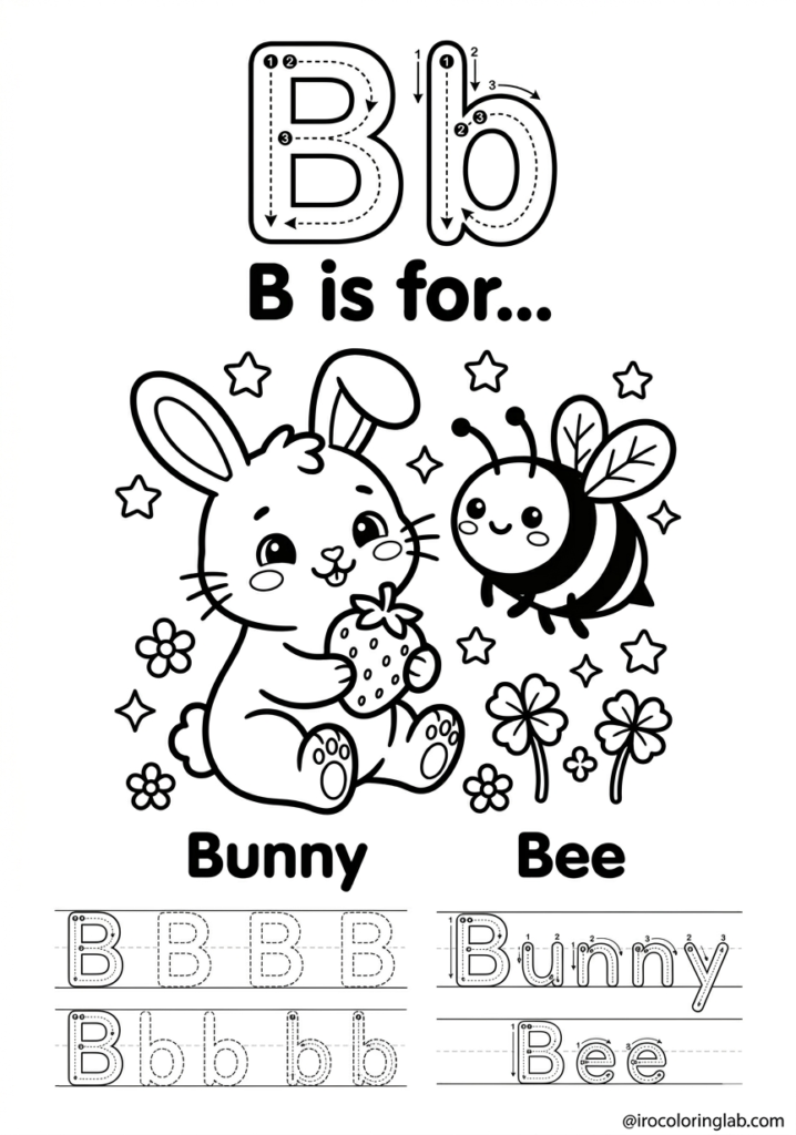 アルファベットBの無料知育ぬりえ（かわいいウサギとハチのイラスト、A4印刷用）｜Free printable Letter B coloring page for kids