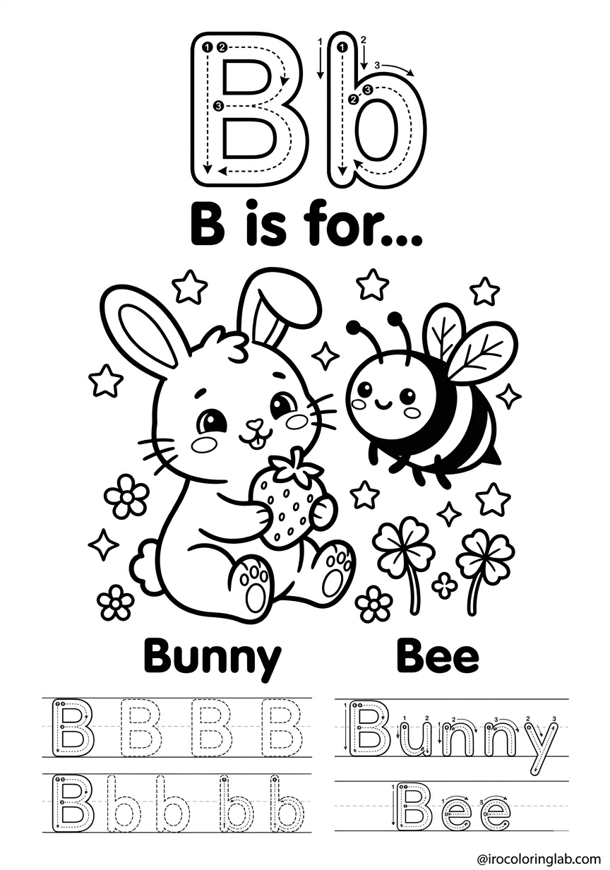 アルファベットBの無料知育ぬりえ（かわいいウサギとハチのイラスト、A4印刷用）｜Free printable Letter B coloring page for kids