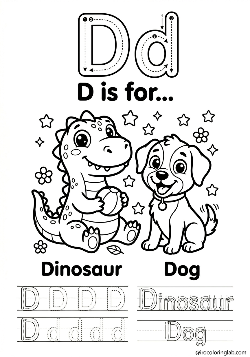 Free printable letter D coloring page for kids featuring a cute dinosaur and dog with alphabet tracing practice, no stroke order guidelines.