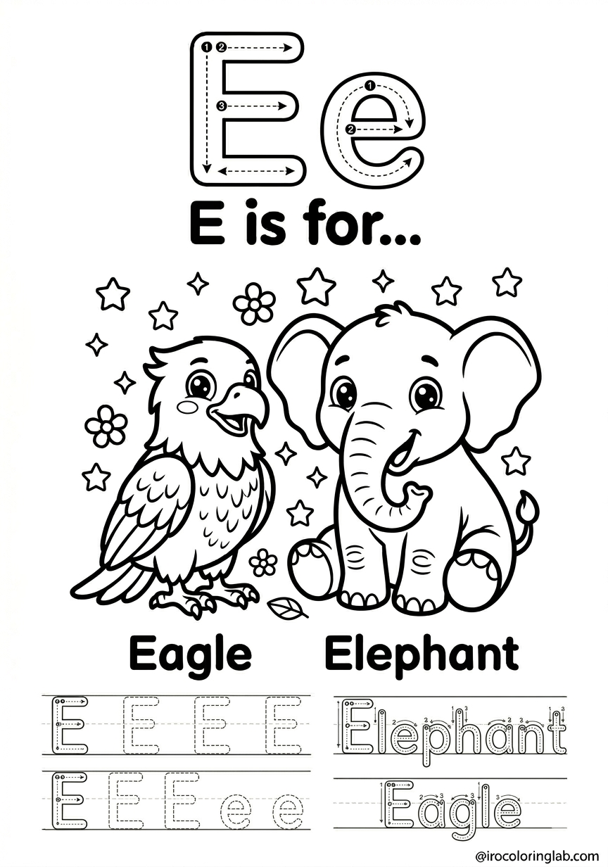 Free printable letter E coloring page for kids featuring a cute eagle and elephant with alphabet tracing practice, no stroke order guidelines.