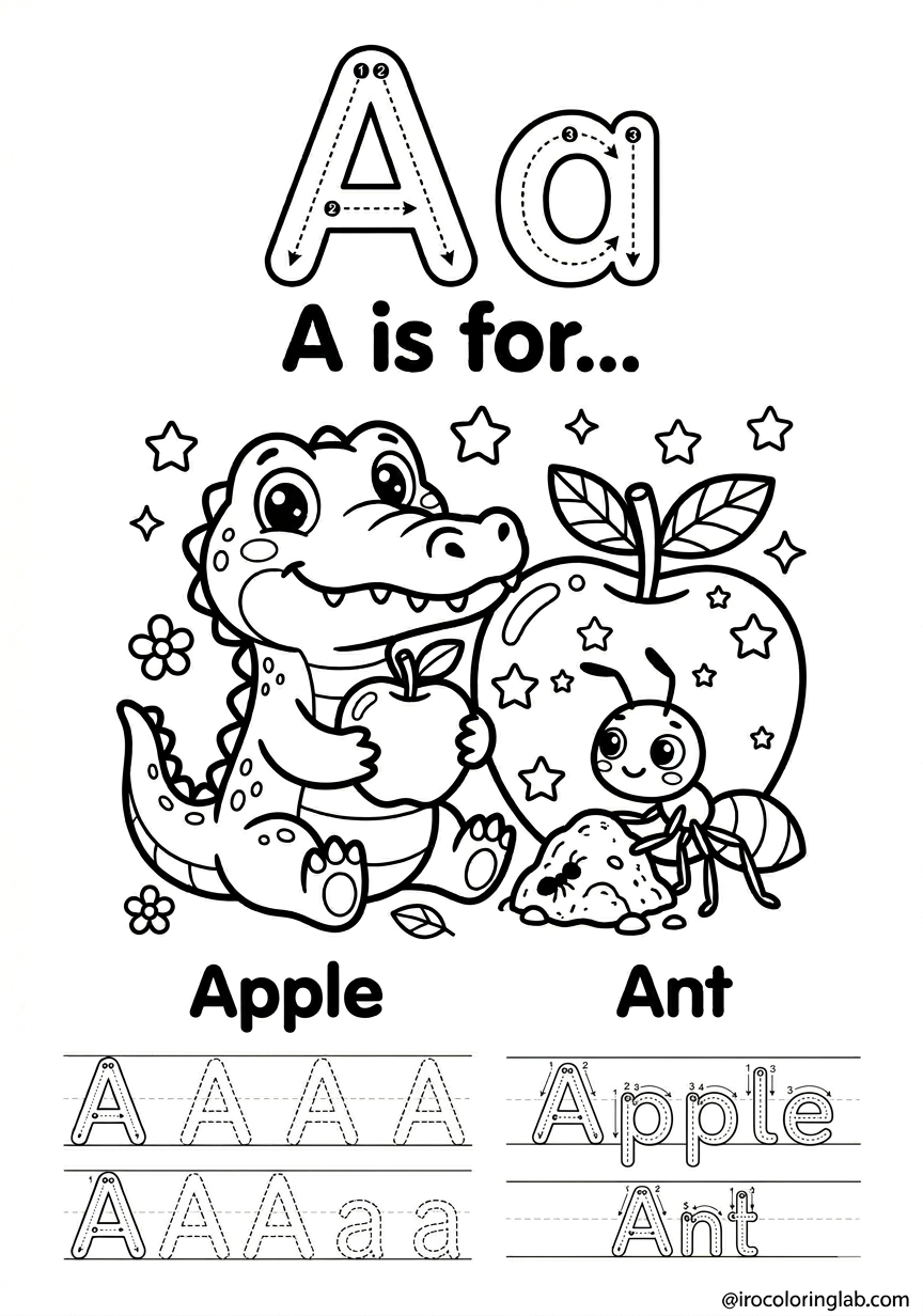 アルファベットAの無料知育ぬりえ（かわいいりんごとアリのイラスト、A4印刷用）｜Free printable Letter A coloring page for kids
