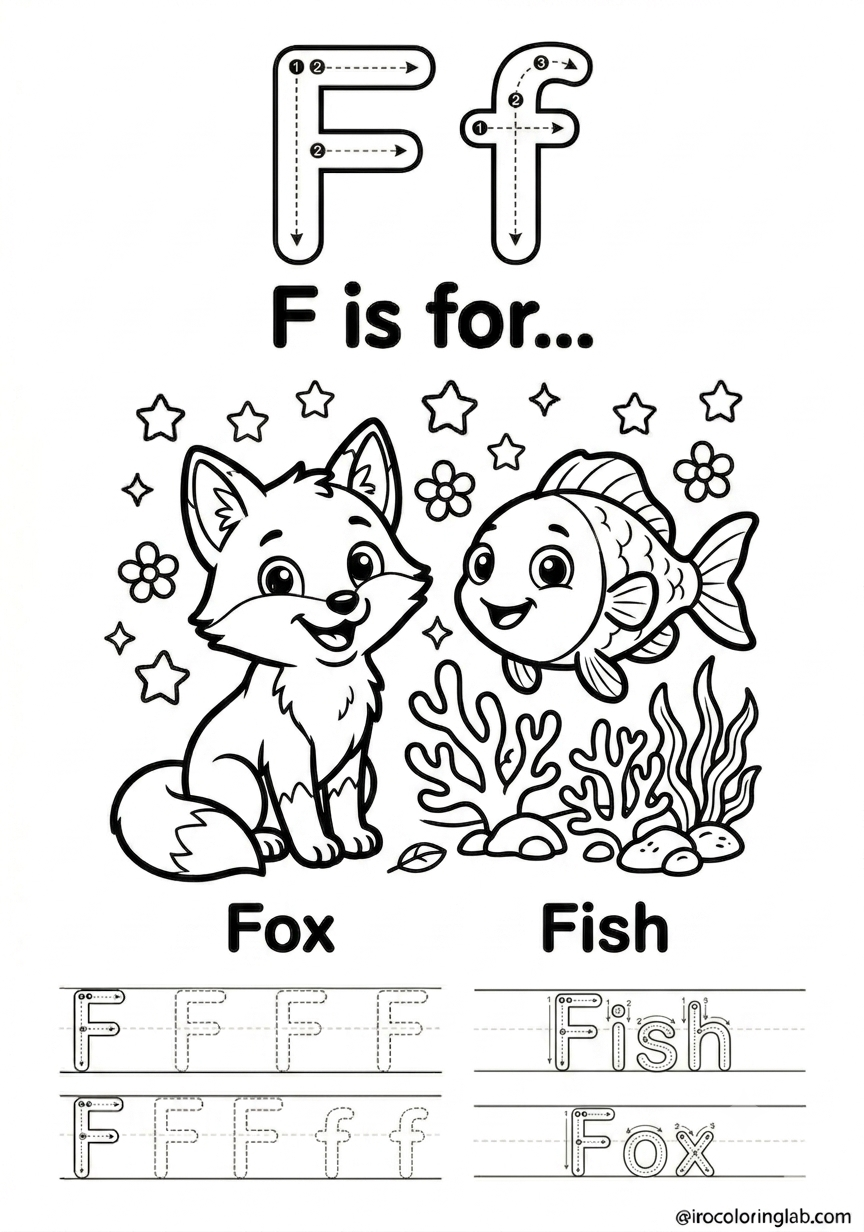 Free printable letter F coloring page for kids featuring a cute fox and fish with alphabet tracing practice, no stroke order guidelines.